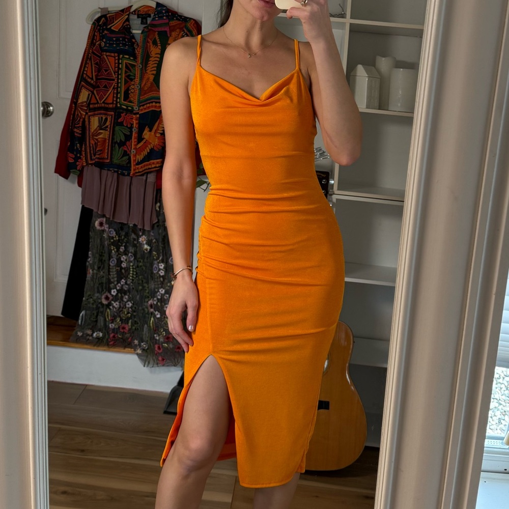 Bright Orange Cowl Neck Slip Midi Dress | Side Slit |